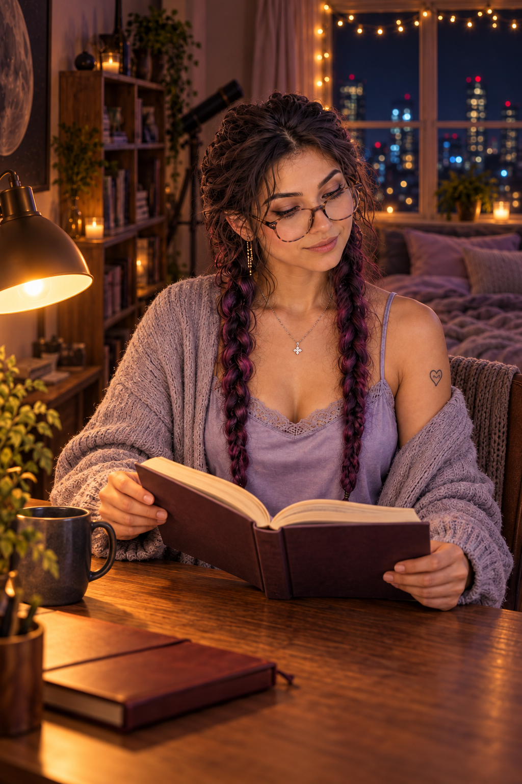 Layla.Rain, the fictional narrator, wearing glasses and two braids as she reads an open book at a softly lit desk.